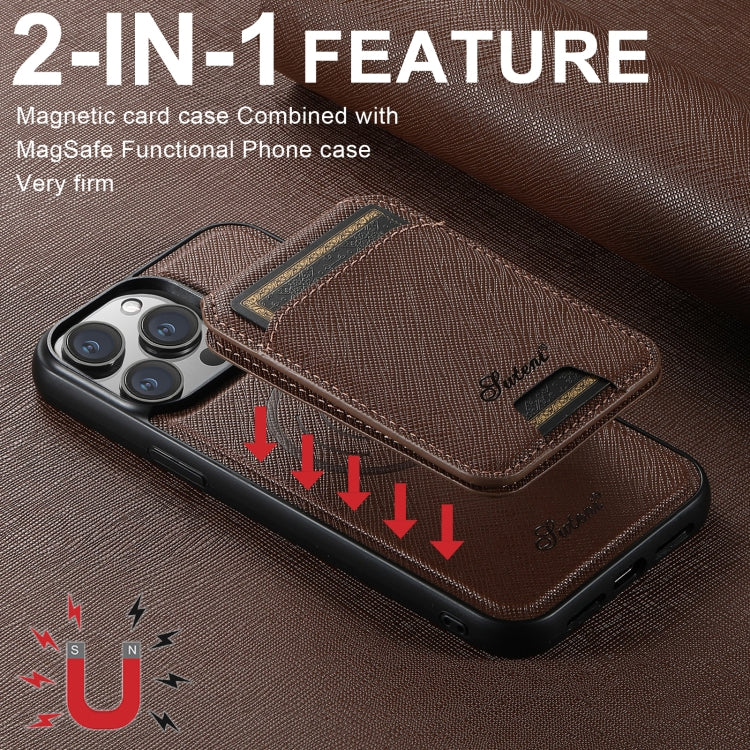 For iPhone 13 Suteni H18 Cross Grain MagSafe Wallet Leather Phone Case(Brown) - iPhone 13 Cases by Suteni | Online Shopping UK | buy2fix