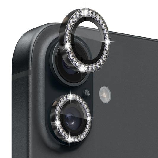 For iPhone 16 / 16 Plus NORTHJO Rhinestone Camera Lens Protector Tempered Glass Metal Ring Film(Graphite) - iPhone 16 Tempered Glass by NORTHJO | Online Shopping UK | buy2fix