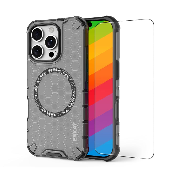 For iPhone 15 Pro ENKAY Hat-Prince Honeycomb MagSafe Shockproof Phone Case with Large Arc Edge Film(Grey) - iPhone 15 Pro Cases by ENKAY | Online Shopping UK | buy2fix