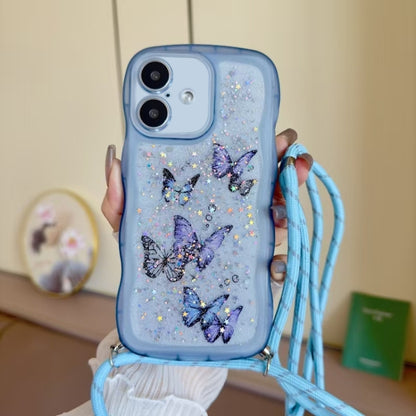 For iPhone 16 Crossbody Wave Edge Butterfly TPU Phone Case(Blue) - iPhone 16 Cases by buy2fix | Online Shopping UK | buy2fix