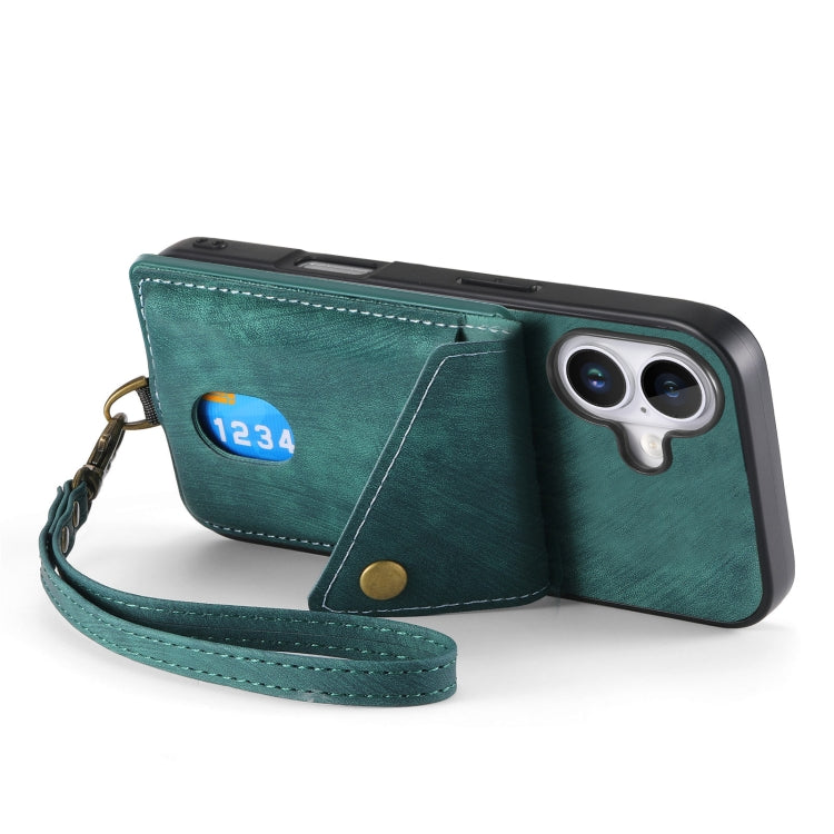 For iPhone 16 Retro Card Wallet Fold Leather Phone Case with Strap(Green) - iPhone 16 Cases by buy2fix | Online Shopping UK | buy2fix