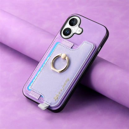 For iPhone 16 Retro Magsafe Cross Leather Ring Holder Card Bag Phone Case(Purple) - iPhone 16 Cases by buy2fix | Online Shopping UK | buy2fix