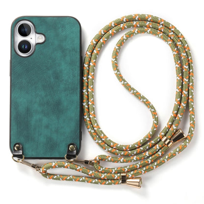 For iPhone 16 Vintage Leather PC Back Cover Phone Case with Crossbody Strap(Green) - iPhone 16 Cases by buy2fix | Online Shopping UK | buy2fix