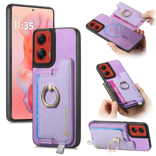 For Motorola Moto G Stylus 5G 2024 Retro Magsafe Cross Leather Ring Holder Card Bag Phone Case(Purple) - Motorola Cases by buy2fix | Online Shopping UK | buy2fix