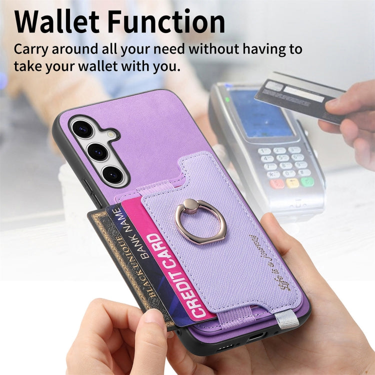 For Samsung Galaxy S25 5G Retro Cross Leather Ring Horizontal Insert Card Bag MagSafe Phone Case(Purple) - Galaxy S25 5G Cases by buy2fix | Online Shopping UK | buy2fix