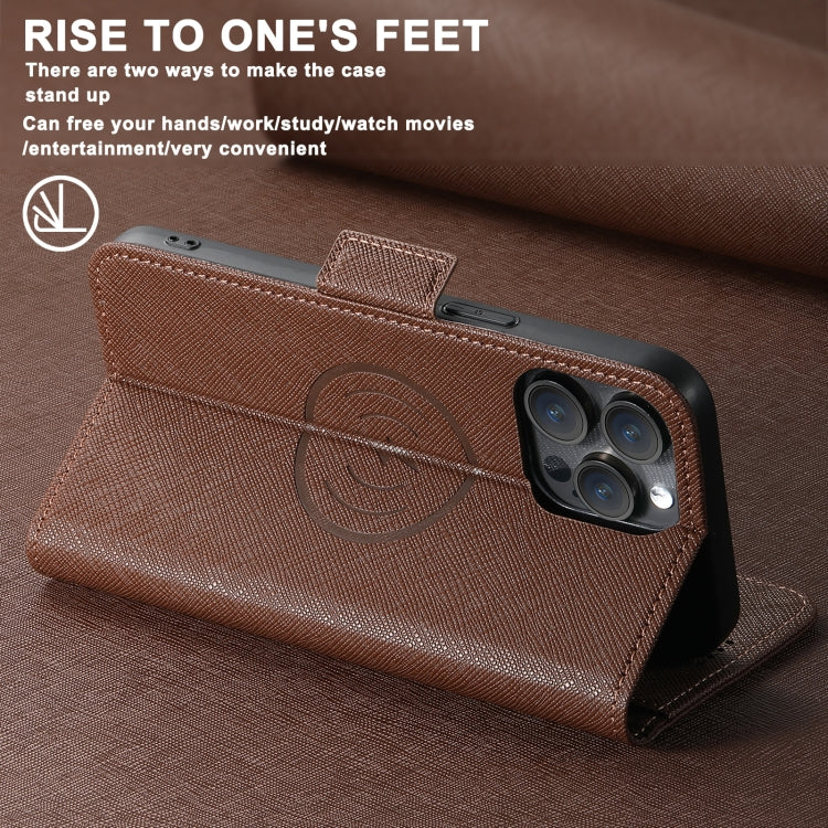 For iPhone 16 Plus Suteni J08 Multifunctional Cross Texture MagSafe Leather Phone Case(Brown) - iPhone 16 Plus Cases by Suteni | Online Shopping UK | buy2fix