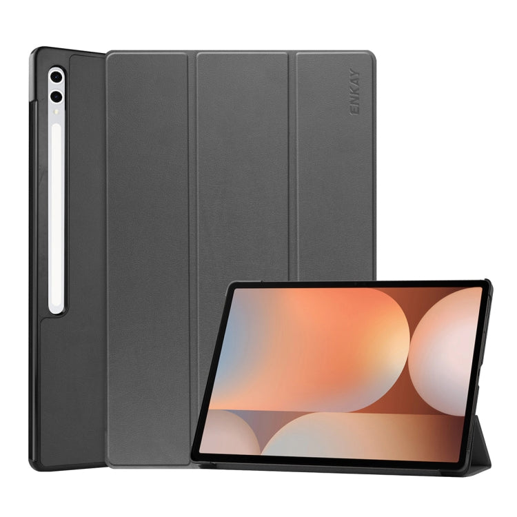 For Samsung Galaxy Tab S10+ / S9+ / S9 FE+ ENKAY Tri-fold Custer Texture Plastic Leather Smart Tablet Case with Pen Slot(Grey) - Galaxy Tab S9+ Cases by ENKAY | Online Shopping UK | buy2fix