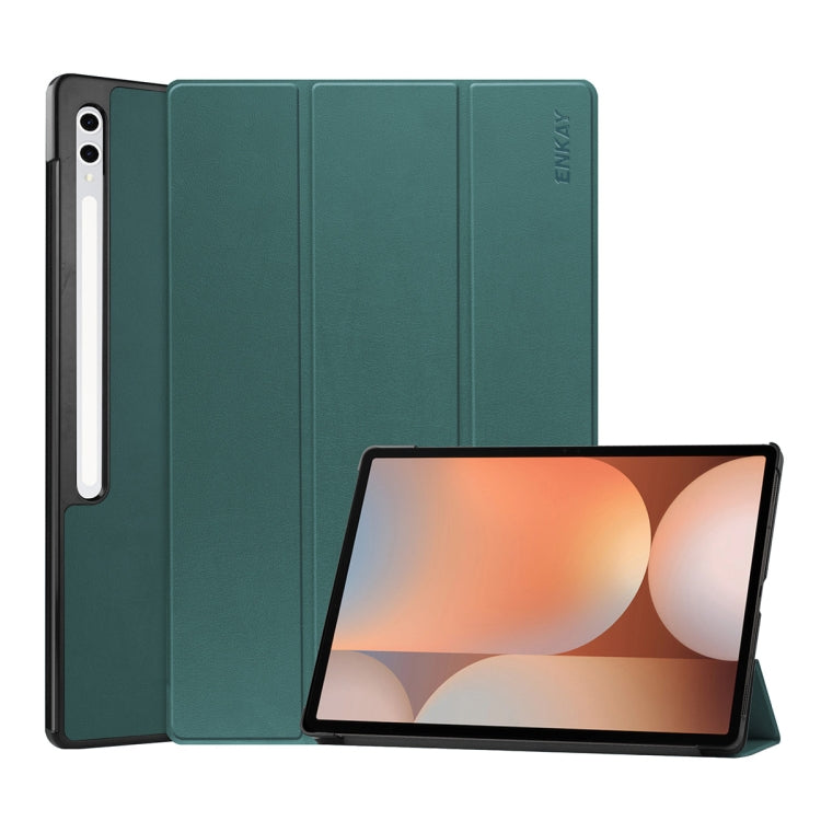 For Samsung Galaxy Tab S10 Ultra / S9 Ultra ENKAY Tri-fold Custer Texture Plastic Leather Smart Tablet Case with Pen Slot(Dark Green) - Galaxy Tab S9 Ultra Cases by ENKAY | Online Shopping UK | buy2fix