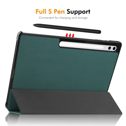 For Samsung Galaxy Tab S10 Ultra / S9 Ultra ENKAY Tri-fold Custer Texture Plastic Leather Smart Tablet Case with Pen Slot(Dark Green) - Galaxy Tab S9 Ultra Cases by ENKAY | Online Shopping UK | buy2fix