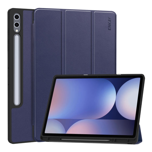 For Samsung Galaxy Tab S10+ / S9+ / S9 FE+ ENKAY Tri-fold Custer Texture TPU Leather Smart Tablet Case with Pen Slot(Dark Blue) - Galaxy Tab S9+ Cases by ENKAY | Online Shopping UK | buy2fix