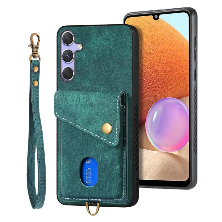 For Samsung Galaxy S25 5G Retro Card Wallet Fold Leather Phone Case with Strap(Green) - Galaxy S25 5G Cases by buy2fix | Online Shopping UK | buy2fix