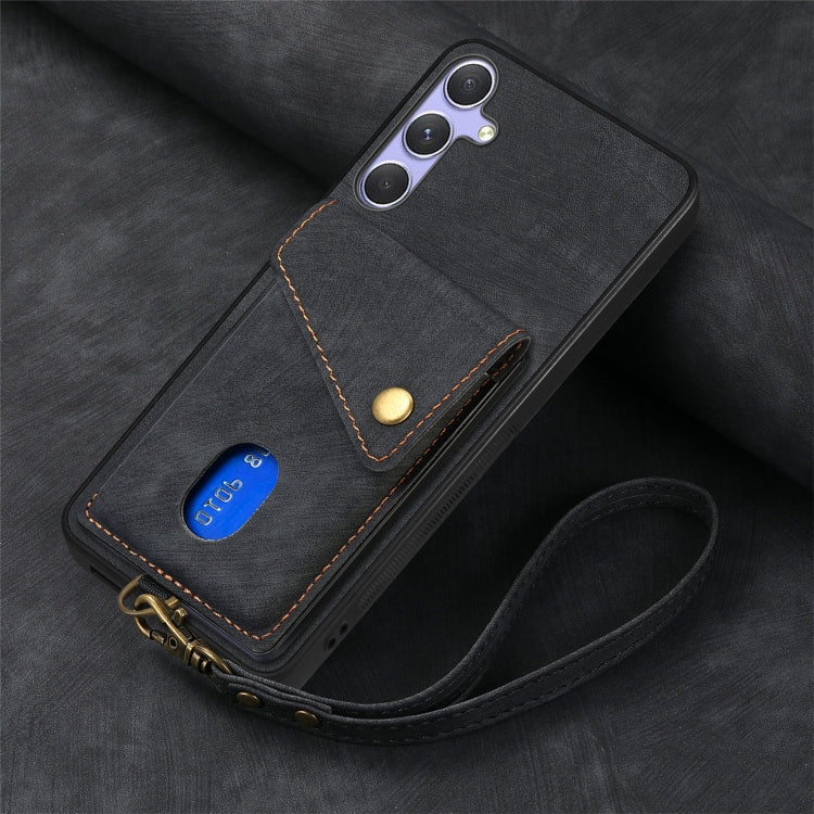 For Samsung Galaxy S25+ 5G Retro Card Wallet Fold Leather Phone Case with Strap(Black) - Galaxy S25+ 5G Cases by buy2fix | Online Shopping UK | buy2fix