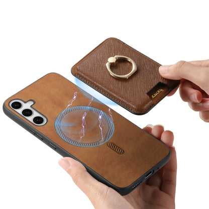 For Samsung Galaxy S25+ 5G Retro Cross Leather Ring Vertical Insert Card Bag MagSafe Phone Case(Brown) - Galaxy S25+ 5G Cases by buy2fix | Online Shopping UK | buy2fix