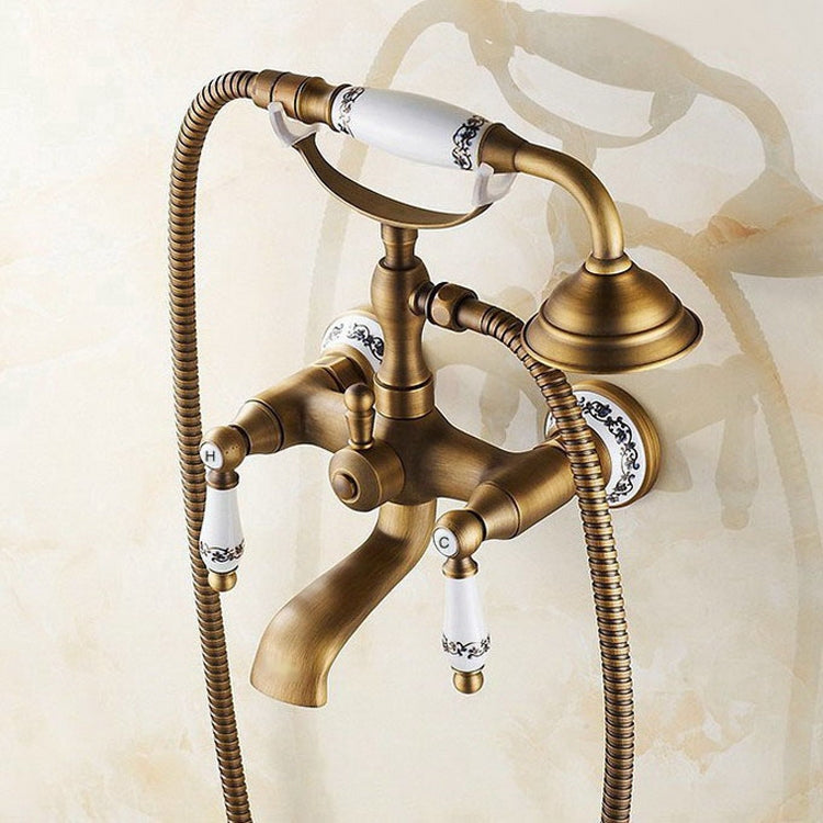 Antique Brass Wall Mounted Bathroom Tub Faucet Dual Ceramics Handles Telephone Style Hand Shower, Specification:Blue and White Telephone Shower - Shower Head by buy2fix | Online Shopping UK | buy2fix