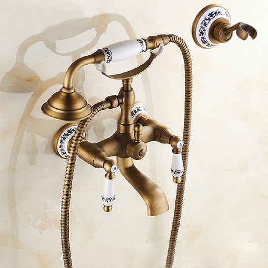 Antique Brass Wall Mounted Bathroom Tub Faucet Dual Ceramics Handles Telephone Style Hand Shower, Specification:Telephone Shower + Blue and White Fixed Seat - Shower Head by buy2fix | Online Shopping UK | buy2fix