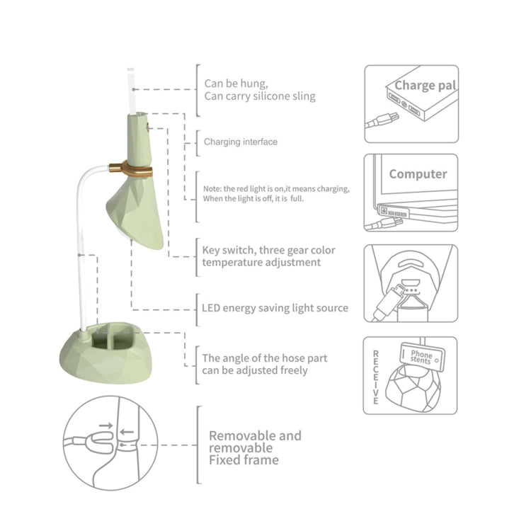 Base Removable Diamond Desk Lamp USB Charging 3-speed Color Temperature Night Light(301-2 Green) - Desk Lamps by buy2fix | Online Shopping UK | buy2fix