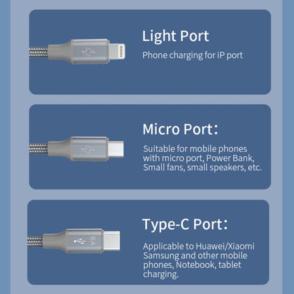 ROMOSS 3-In-1 66W 6A USB To 8 Pin / Type-C / USB-C / Micro Charging Cable Nylon Braid Cord 1M(Gray) - Multifunction Cable by ROMOSS | Online Shopping UK | buy2fix