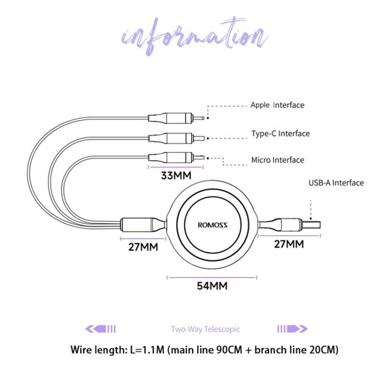 ROMOSS CB258L 6A 3-In-1 Telescopic Data Charging Cable USB-A To Type-C & 8 Pin & Micro Wire 1.1m (Purple) - Multifunction Cable by ROMOSS | Online Shopping UK | buy2fix