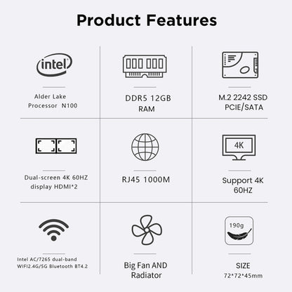 N100/DDR5 12th AlderLake-N100 Dual 4K60Hz Office And Home Mini PC, Spec: 12G+1TB /US Plug - Windows Mini PCs by buy2fix | Online Shopping UK | buy2fix