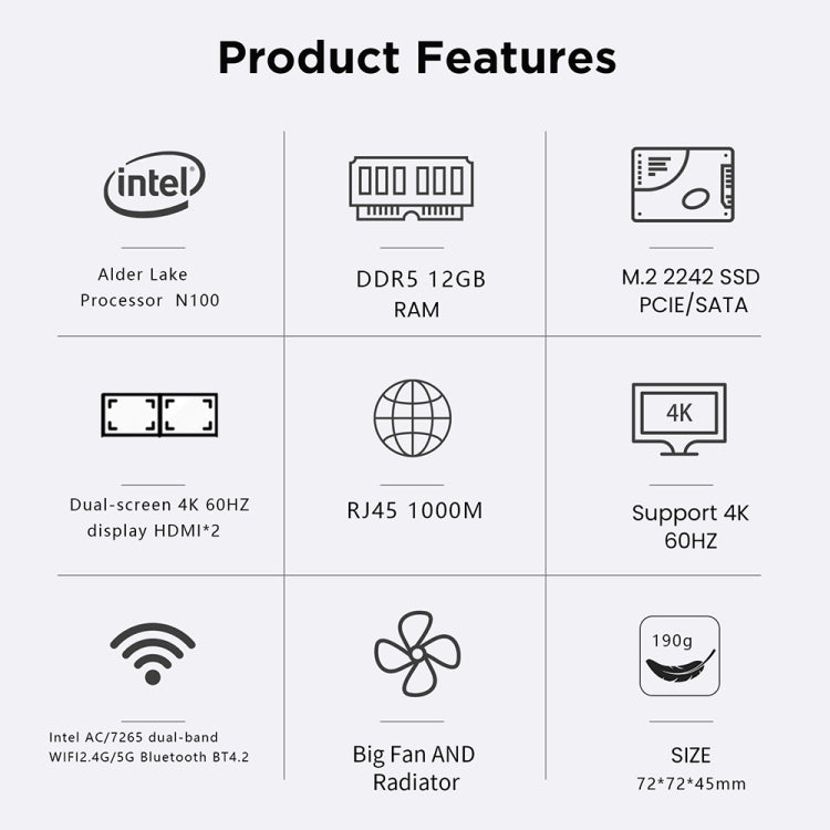N100/DDR5 12th AlderLake-N100 Dual 4K60Hz Office And Home Mini PC, Spec: 12G+512G /US Plug - Windows Mini PCs by buy2fix | Online Shopping UK | buy2fix