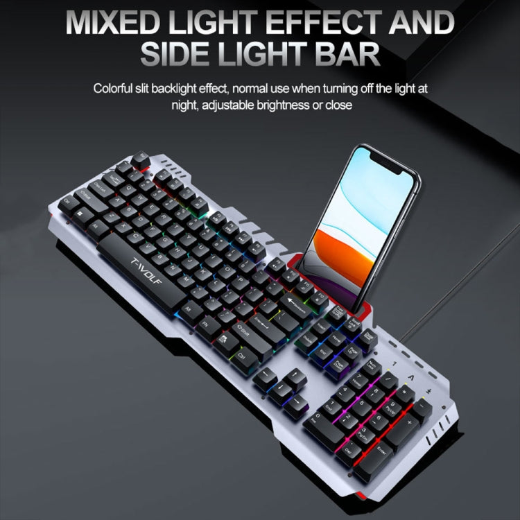 T-WOLF 130cm Line Length Cool Lighting Effect Metal Plate Gaming Wired Keyboard With Phone Holder(T16) - Wired Keyboard by T-WOLF | Online Shopping UK | buy2fix