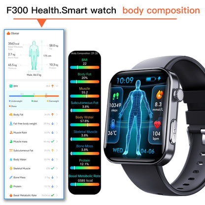 F300  2.1-Inch Screen Smart Watch Supports Bluetooth Calls/ECG/Blood Composition Analysis/50+ Sports Modes, Color: Black Gray Silicone - Smart Watches by buy2fix | Online Shopping UK | buy2fix