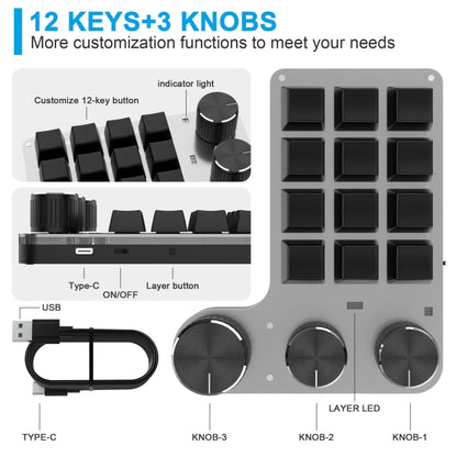 3 Knobs Wired 12 Keys Customized Drawing Programming Keypad With Volume Modulation(Black) - Mini Keyboard by buy2fix | Online Shopping UK | buy2fix