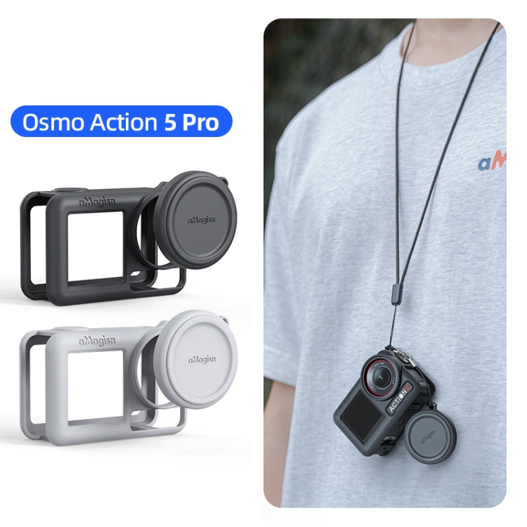 For DJI Osmo Action 5 Pro aMagisn Silicone Protective Case with Lanyard and Lens Cap(Light Gray) -  by aMagisn | Online Shopping UK | buy2fix