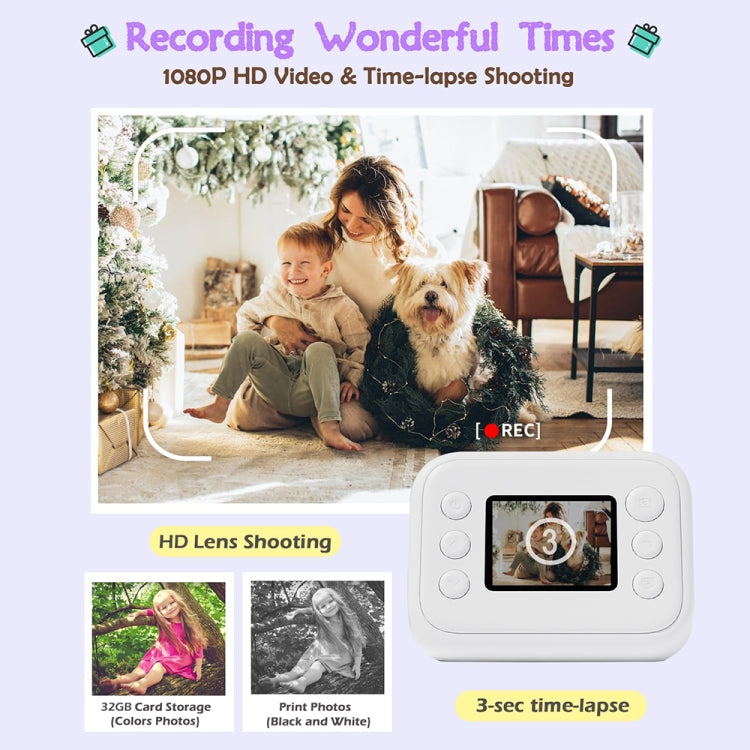 2.0-Inch LED Flash 1080P HD Recording Photo Printing Camera With 3-Rolls Paper, Color: White+32G - Children Cameras by buy2fix | Online Shopping UK | buy2fix