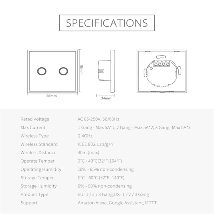 NEO NAS-SC02W Wireless WiFi EU Smart Light Control Switch 2Gang - Consumer Electronics by NEO | Online Shopping UK | buy2fix