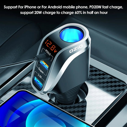 Ozio DY48TC 188W Type-C + USB Dual Port Multi-function Car Charger with Cigarette Lighter (Silver) - Car Charger by ozio | Online Shopping UK | buy2fix