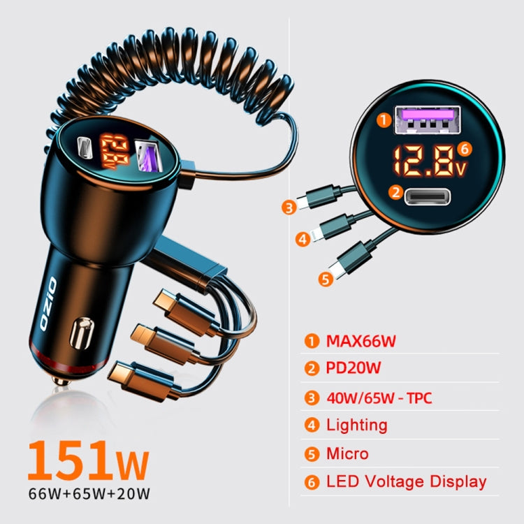 Ozio HX06 151W Type-C + USB Dual Port Car Charger with 3 in 1 Spring Data Cable - Car Charger by ozio | Online Shopping UK | buy2fix