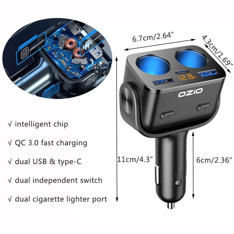 Ozio Y48TC QC3.0 + Type-C Dual Port Fast Charging Multi-function Car Charger Cigarette Lighter - Car Charger by ozio | Online Shopping UK | buy2fix