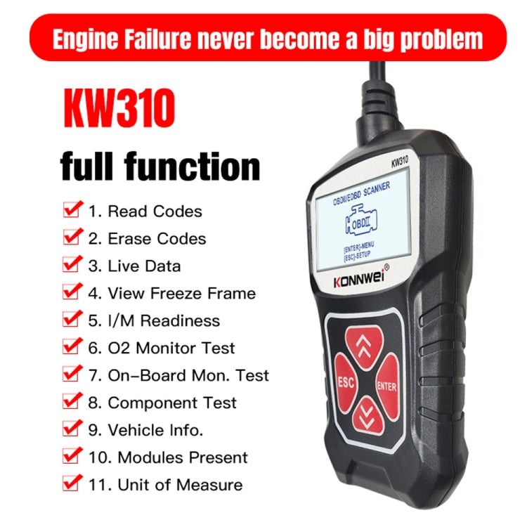 KONNWEI KW310 OBD Car Fault Detector Code Reader ELM327 OBD2 Scanner Diagnostic Tool(Black) - In Car by KONNWEI | Online Shopping UK | buy2fix