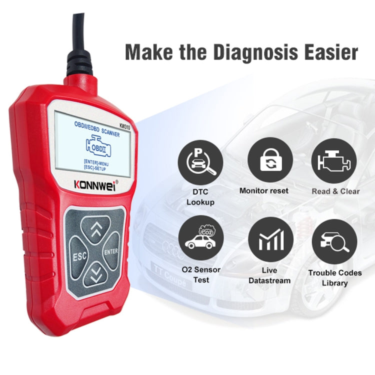 KONNWEI KW310 OBD Car Fault Detector Code Reader ELM327 OBD2 Scanner Diagnostic Tool(Red) - In Car by KONNWEI | Online Shopping UK | buy2fix