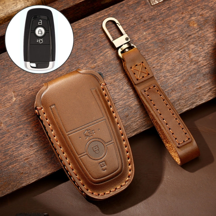 Hallmo Car Cowhide Leather Key Protective Cover Key Case for Ford Focus B Style(Brown) - Car Key Cases by Hallmo | Online Shopping UK | buy2fix