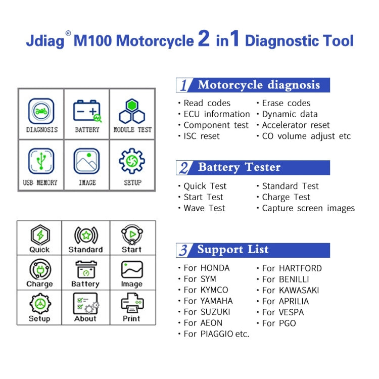 JDiag M100 Motorcycles 2 in1 OBD Scanner Battery Tester - In Car by buy2fix | Online Shopping UK | buy2fix