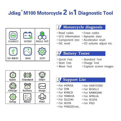 JDiag M100 Motorcycles 2 in1 OBD Scanner Battery Tester - In Car by buy2fix | Online Shopping UK | buy2fix