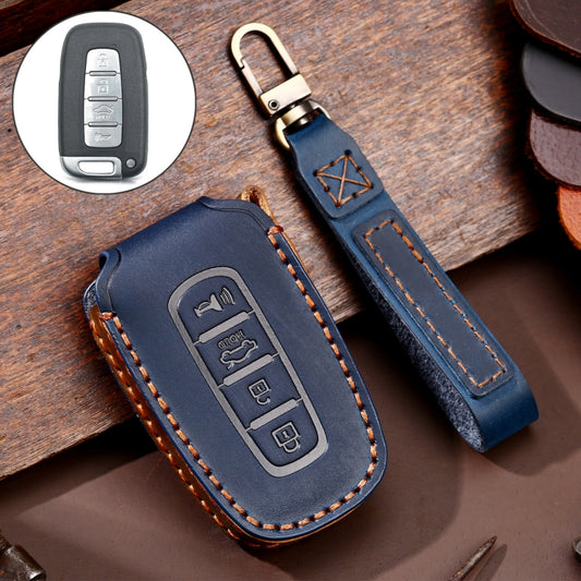 Hallmo Car Cowhide Leather Key Protective Cover Key Case for KIA K2 / K3 / K5 4-button(Blue) - In Car by Hallmo | Online Shopping UK | buy2fix