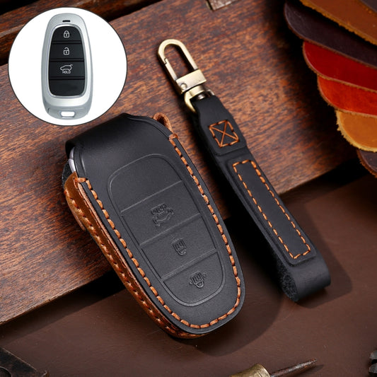 Hallmo Car Cowhide Leather Key Protective Cover Key Case for Hyundai 3-button(Black) - In Car by Hallmo | Online Shopping UK | buy2fix