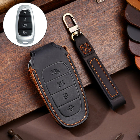 Hallmo Car Cowhide Leather Key Protective Cover Key Case for Hyundai 4-button(Black) - In Car by Hallmo | Online Shopping UK | buy2fix