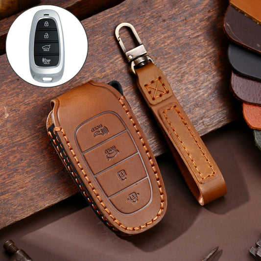 Hallmo Car Cowhide Leather Key Protective Cover Key Case for Hyundai 4-button(Brown) - In Car by Hallmo | Online Shopping UK | buy2fix