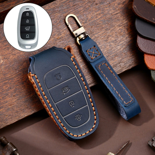 Hallmo Car Cowhide Leather Key Protective Cover Key Case for Hyundai 4-button Start(Blue) - In Car by Hallmo | Online Shopping UK | buy2fix