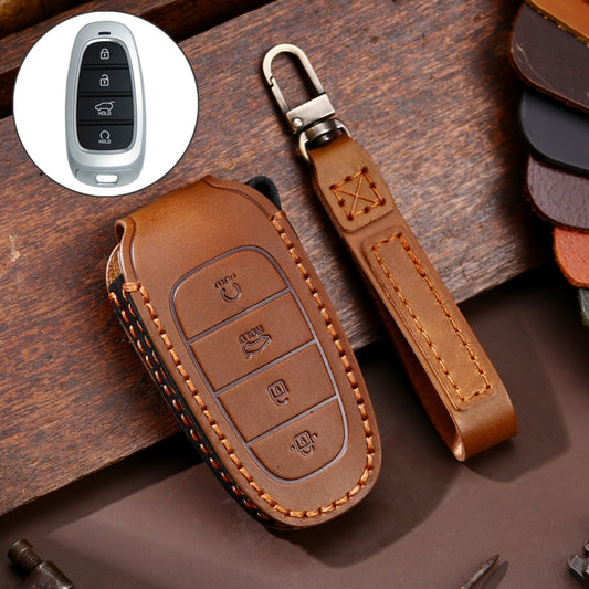 Hallmo Car Cowhide Leather Key Protective Cover Key Case for Hyundai 4-button Start(Brown) - In Car by Hallmo | Online Shopping UK | buy2fix