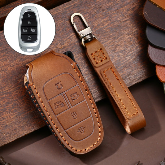 Hallmo Car Cowhide Leather Key Protective Cover Key Case for Hyundai 5-button(Brown) - In Car by Hallmo | Online Shopping UK | buy2fix