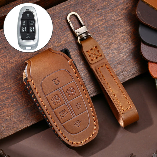 Hallmo Car Cowhide Leather Key Protective Cover Key Case for Hyundai 6-button(Brown) - In Car by Hallmo | Online Shopping UK | buy2fix