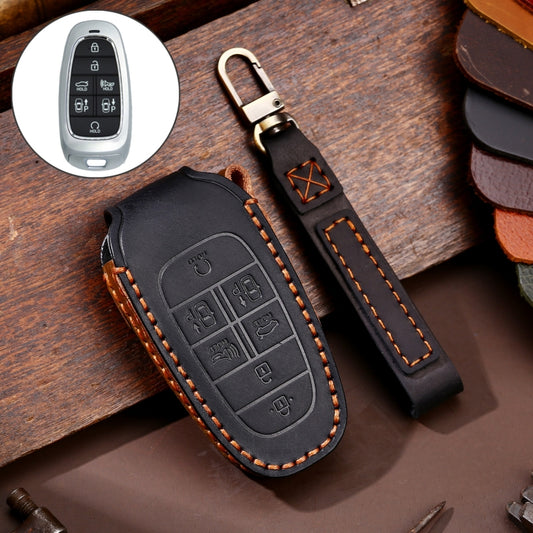 Hallmo Car Cowhide Leather Key Protective Cover Key Case for Hyundai 7-button(Black) - In Car by Hallmo | Online Shopping UK | buy2fix