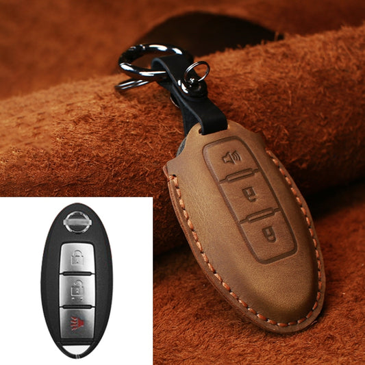 For Nissan Car Cowhide Leather Key Protective Cover Key Case, Three Keys Horn Version (Brown) -  by buy2fix | Online Shopping UK | buy2fix