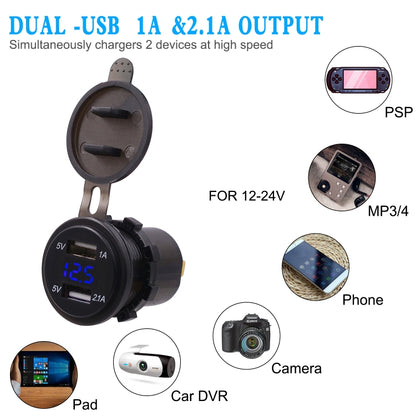 Universal Car Dual Port USB Charger Power Outlet Adapter 3.1A 5V IP66 with LED Digital Voltmeter + 60cm Cable(Blue Light) - Car Charger by buy2fix | Online Shopping UK | buy2fix