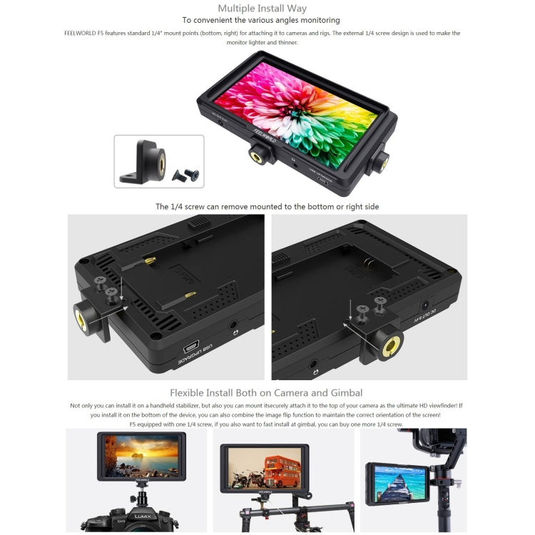 FEELWORLD F6S Full HD 1920x1080 5.0 inch IPS Screen DSLR Camera Field Monitor with Tilt Arm, Support 4K HDTV Input / Output - On-camera Monitors by FEELWORLD | Online Shopping UK | buy2fix